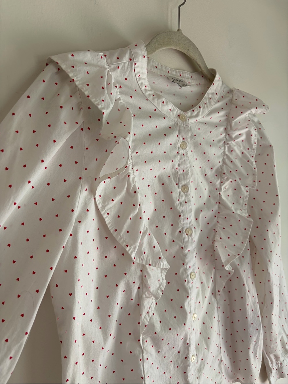 J. Crew Mini Heart Print White Ruffle Button Down Blouse Size M - Picture 2 of 7